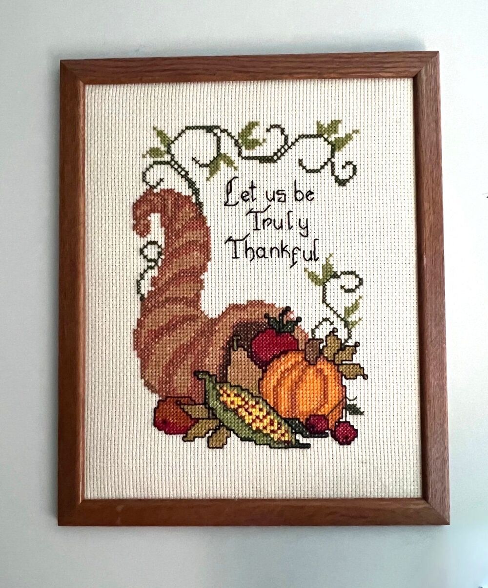 1950s Vintage Thanksgiving Harvest Cornucopia Needlepoint Art Print Piece
